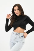 Kadın Dik yaka Drapeli Kapaklı Crop Bluz 1655-24 - 2