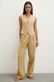 Boru Paça Yüksek Bel Keten Pantolon Camel thumbnail 3