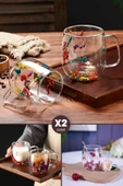 2li Çiçekli Çift Cidarlı Kulplu Bardak Handmade Flower Cup Kahve Sunum Meşrubat Bardağı 250ml Seti - 1