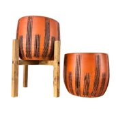 Bitki Tasarımı  Dik Çizgi Desenli Toprak Saksı Saksılık Salon Çiçeklik İkili Set Ayaksız - 4 Ayaklı- 19 CM thumbnail 1