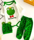 Neşeli Bebekler Kurbağa Baskılı Bereli Ayağı Patikli Üçlü Takım thumbnail 2