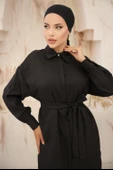 Gömlek Yaka Kuşak Detaylı İkili Takım - (38-46) - 71199 - Siyah thumbnail 3