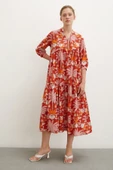 Hakim Yaka Desenli Maxi Elbise Oranj - 4