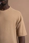 Oversize (Bol Kesim) Bisiklet Yaka Örgülü Likralı Kısa Kol T-shirt - 12