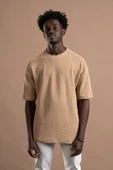 Oversize (Bol Kesim) Bisiklet Yaka Örgülü Likralı Kısa Kol T-shirt - 10