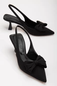 Büyük Numara Fiyonklu Saten Siyah Kadın Topuklu Ayakkabı thumbnail 1