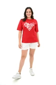 Kadın Büyük Beden Kalp şeklinde Papatya Baskılı T-Shirt 1575-23 - 9