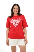 Kadın Büyük Beden Kalp şeklinde Papatya Baskılı T-Shirt 1575-23 - 7