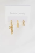 Kadın Altın Kaplama Zirkon Taşlı Yılan Model ve Kıkırdak Ok 3'lü Küpe Set thumbnail 1