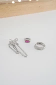 Kadın Vip Seri Baget Zirkon Taşlı Zincirli Model 3'lü Küpe Seti Kırmızı Taşlı Helix Model thumbnail 3