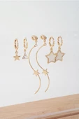 Kadın 6.5 cm Zigzag Sallantılı ve Sedefli Yıldız Model 6'lı Küpe Seti - 2