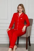 Kadın Beyaz Biyeli Gömlek Yaka Önden Düğmeli Cepli Uzun Kol Mevsimlik Pamuk Likra Pijama Takım - 6