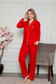 Kadın Beyaz Biyeli Gömlek Yaka Önden Düğmeli Cepli Uzun Kol Mevsimlik Pamuk Likra Pijama Takım - 4