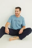 Erkek Mavi Bisiklet Yaka Kısa Kol Yuvarlak Yaka Cepli Yazlık Pamuklu Pijama Takımı - 2