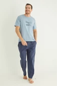Erkek Mavi Bisiklet Yaka Kısa Kol Yuvarlak Yaka Cepli Yazlık Pamuklu Pijama Takımı - 1