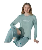 Kadın Yuvarlak Yaka Düğmesiz Mevsimlik Uzun Kol Pijama Takımı - 3