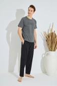 Erkek Mavi Bisiklet Yaka Kısa Kol Yuvarlak Yaka Cepli Yazlık Pamuklu Pijama Takımı - 8