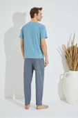 Erkek Mavi Bisiklet Yaka Kısa Kol Yuvarlak Yaka Cepli Yazlık Pamuklu Pijama Takımı - 7