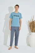 Erkek Mavi Bisiklet Yaka Kısa Kol Yuvarlak Yaka Cepli Yazlık Pamuklu Pijama Takımı - 6