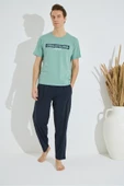 Erkek Mavi Bisiklet Yaka Kısa Kol Yuvarlak Yaka Cepli Yazlık Pamuklu Pijama Takımı - 10