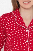 Kadın Kalpli Önden Düğmeli Gömlek Yaka Uzun Kol Mevsimlik Pamuk Likra Cepli Pijama Takımı - 6