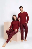 Çift Sevgili Eş Kombini Bordo Ekose Desen Modal Uzun Kol Pijama Takımı-Tek Ürün Fiyatı- - 1