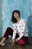 Kadın Bisiklet Yaka Düşük Omuz İnterlok Pamuklu Üst Kadife Alt Kışlık Pijama Eşofman Takım - 2