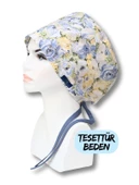 Tesettür Beden Yağlı Boya Çiçekler Mavi Cerrahi Bone Doktor Hemşire Sağlıkçı Hastane Bonesi - 1