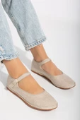Bej Keten Toka Detaylı Düz Taban Kadın Balerin Babet - 1