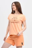 Kadın Baskılı Kısa Kollu Arka Dikişli Bisiklet Yaka Tişört Somon  2XL SOMON thumbnail 4