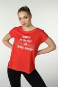 Kadın Baskılı Kısa Kollu Arka Dikişli Bisiklet Yaka Tişört Somon  2XL KIRMIZI - 4