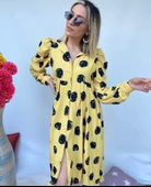 Kolları Büzgülü Belden Pileli Uzun Siyah Puantiyeli Sarı Elbise thumbnail 4