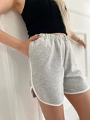 Kadın Beyaz Biye Detaylı Gri Şort - 7