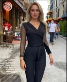 Krep Kumaş Kol Tül Puan Detaylı Kuşaklı Tulum 141 Cm - 6