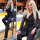 Krep Kumaş Kol Tül Puan Detaylı Kuşaklı Tulum 141 Cm - 8
