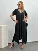 Kadın Kısa Kollu Yaka Ribana Detay Asimetrik Kesim Salaş Viskon Elbise thumbnail 4