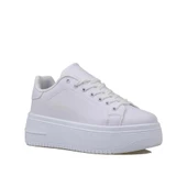 Trend Adımlar Beyaz Düz Kalın Taban Bağcıklı Kadın Sneaker - 2