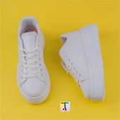 Trend Adımlar Beyaz Düz Kalın Taban Bağcıklı Kadın Sneaker - 4