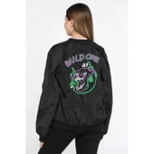 Lucky Life Kadın Unisex Uzun Kol Baskılı Bomber Ceket - Siyah - 2