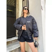 Lucky Life Kadın Unisex Uzun Kol Baskılı Bomber Ceket - Siyah - 2