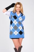 Kadın Baklava Desen Oversize Triko Süveter Mavi - 5
