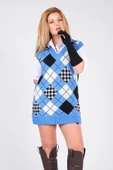 Kadın Baklava Desen Oversize Triko Süveter Mavi - 2
