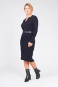 Kadın Polo Yaka Kemerli Triko Elbise Lacivert - 3