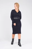 Kadın Polo Yaka Kemerli Triko Elbise Lacivert - 4