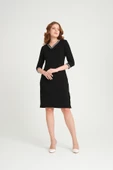 Kadın V Yaka Çıtçıt Detaylı Elbise Siyah - 1
