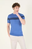 Erkek Sıfır Yaka Çizgili Merserize T-Shirt İndigo - 1