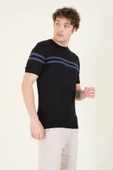 Erkek Sıfır Yaka Çizgili Merserize T-Shirt Siyah - 2