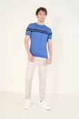 Erkek Sıfır Yaka Çizgili Merserize T-Shirt İndigo - 4