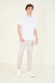 Erkek Sıfır Yaka Oversize  T-Shirt Ekru - 5
