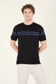 Erkek Sıfır Yaka Çizgili Merserize T-Shirt Siyah - 3
